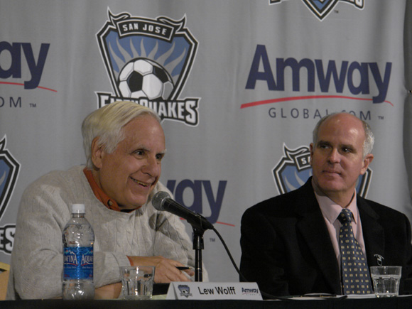 Earthquakes owner Lew Wolff and Amway Global managing director Steve Lieberman at Tuesday’s press conference. Photo: Jay Hipps, centerlinesoccer.com