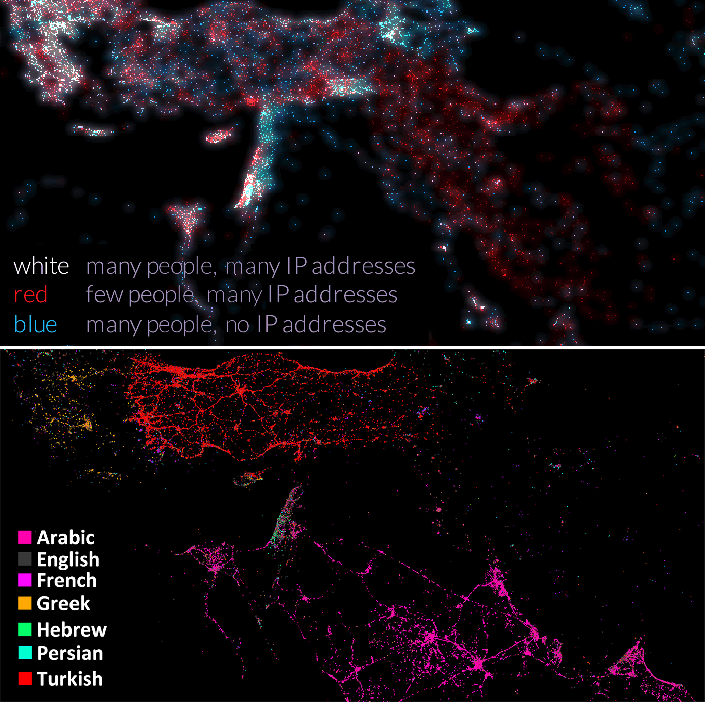 Mapped by Internet connections (top) and by tweets (bottom)