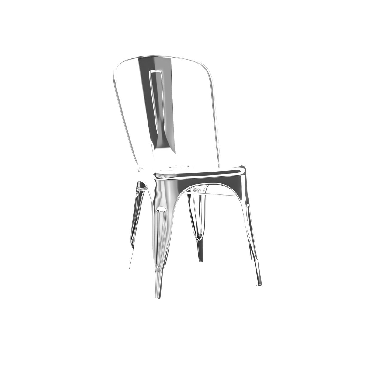  A silver metal chair with four legs an open back with one support brace and no cushion.