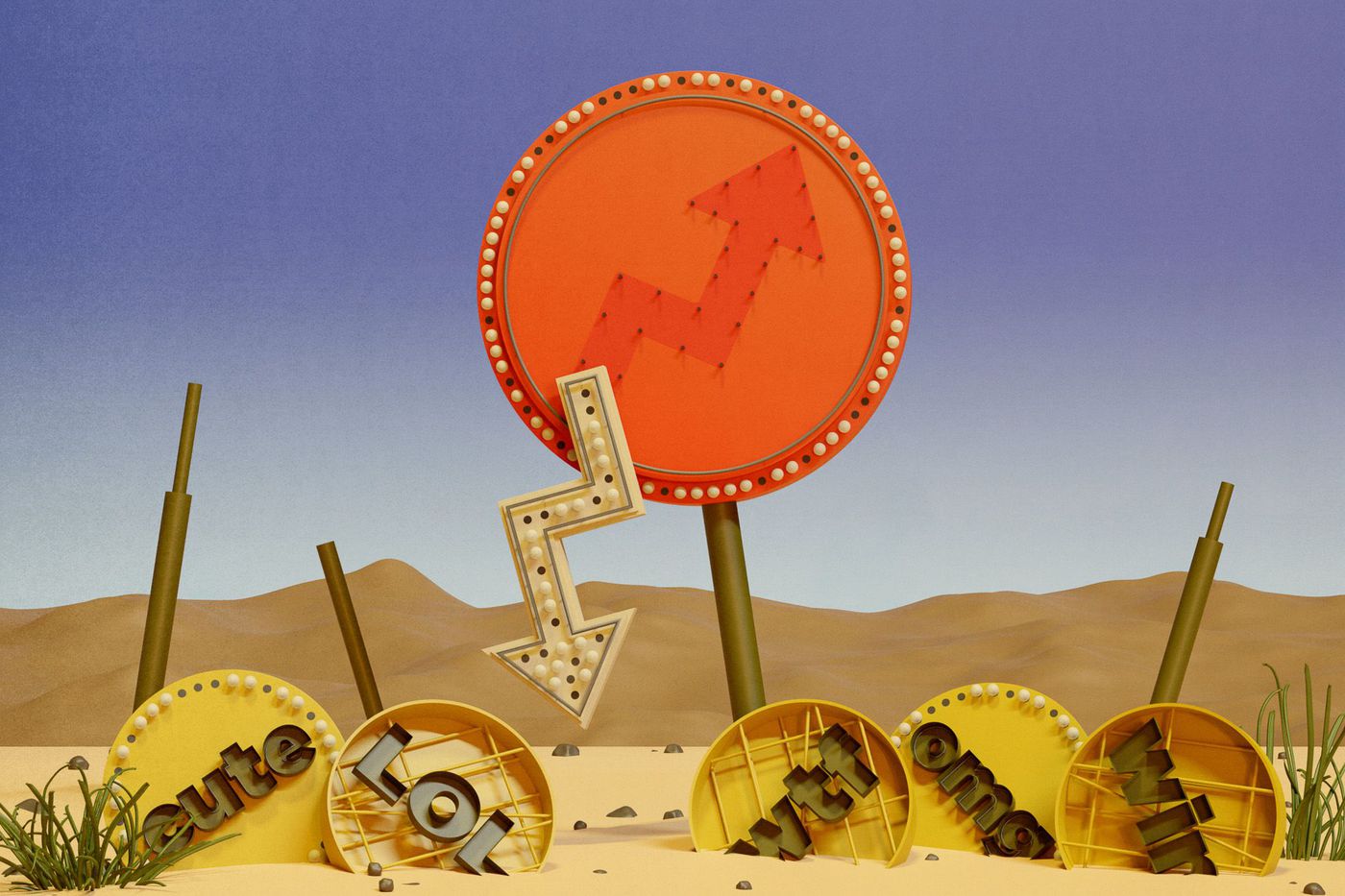 An old beat-up sign in the shape of the BuzzFeed logo icon in a desert setting surrounded by several smaller beat-up yellow signs that say “cute,” “lol,” “wtf,” and “omg” on them.