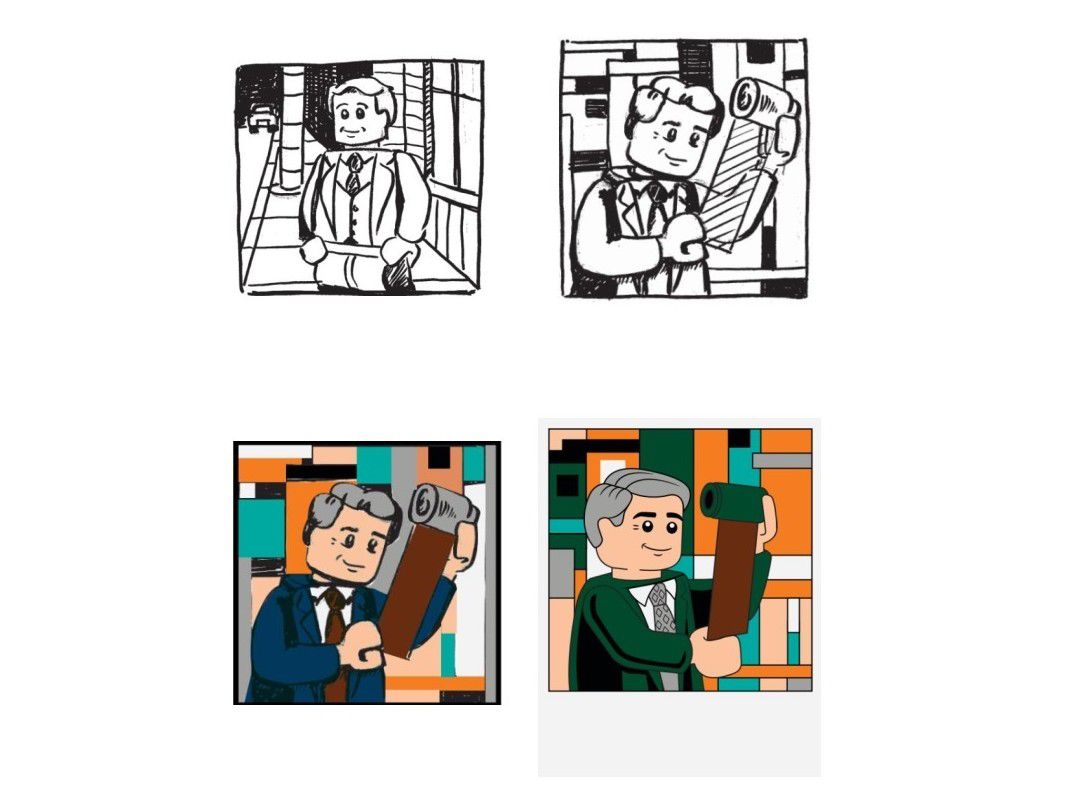 Lego graphics designer Matthew Parsons’ sketches and art for one included photocard, starting in black and white, then color, then refined.