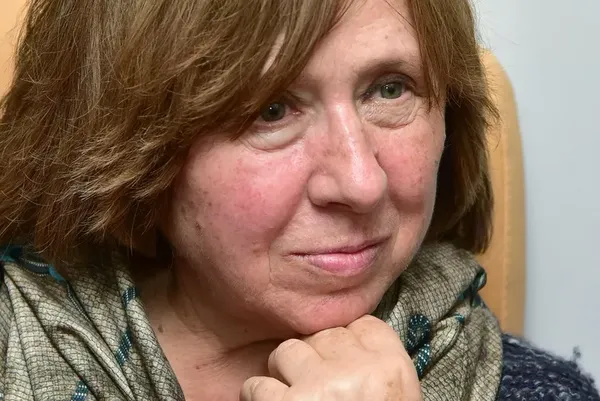 Belarusian writer Svetlana Alexievich at a press conference in Minsk after winning the Nobel for literature.