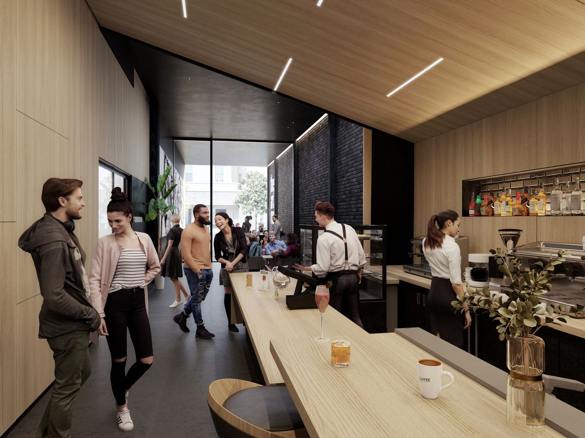  Rendering of a clean, modern bar space with a slanted ceiling.