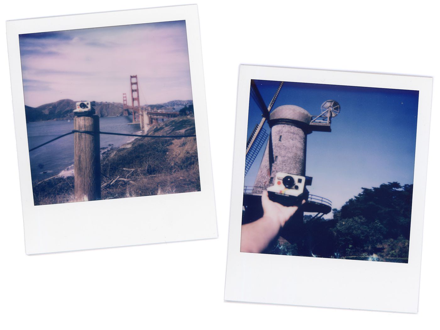 We shot some actual Polaroids of the Lego Polaroid with the Polaroid camera that it’s based on. Here it is in front of the Golden Gate Bridge in San Francisco and the historic Dutch Windmill.