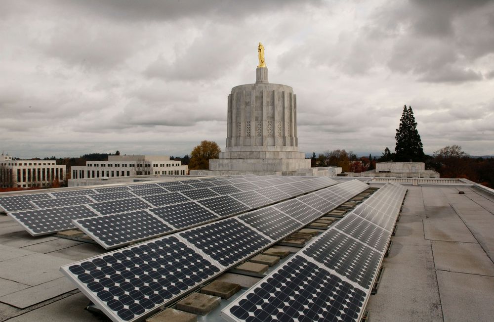 A small-scale solar project ... on top of the Oregon State Capitol.