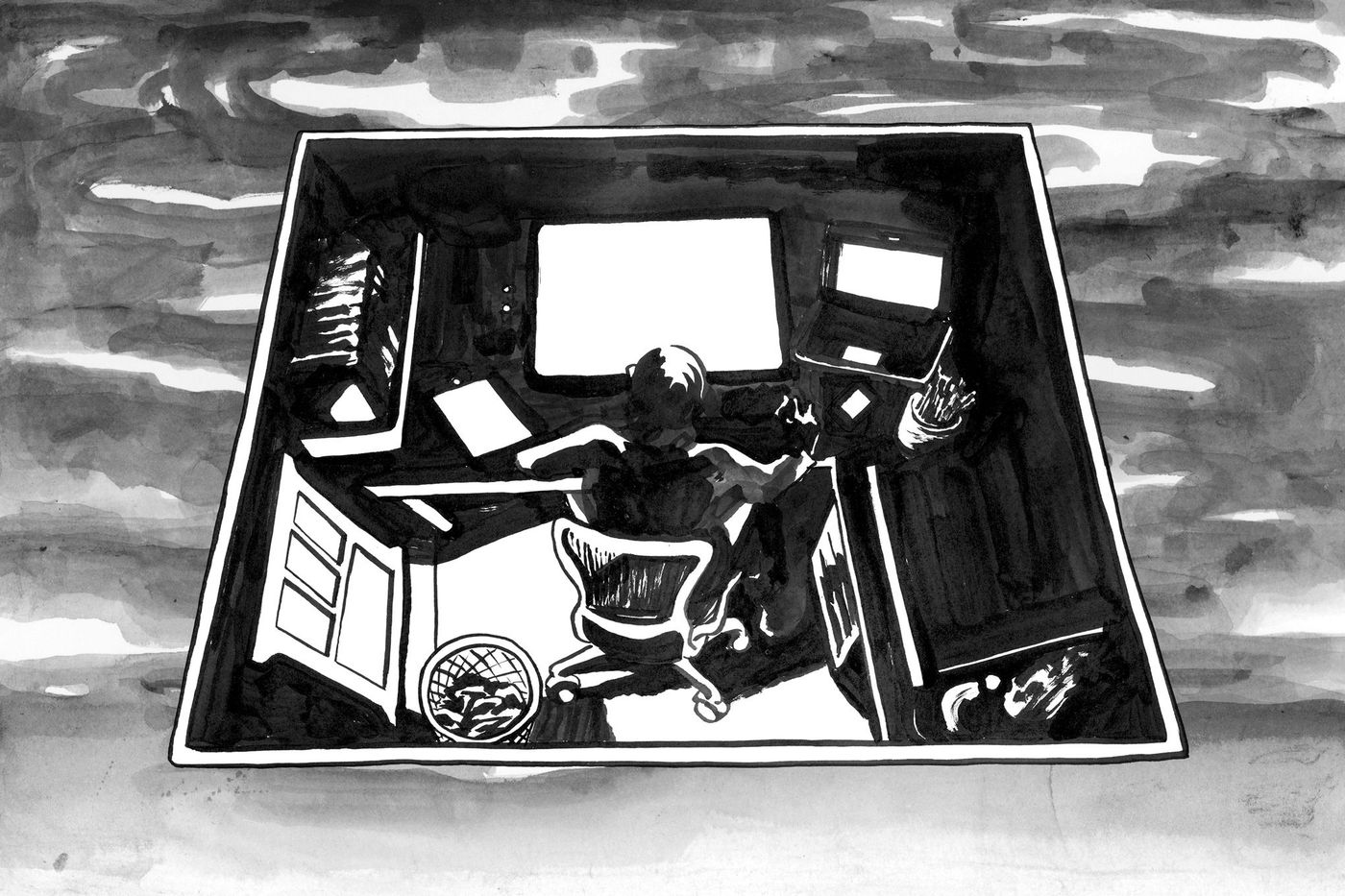 Illustration: An artist sits in a dark, cluttered office, working on an illustration. Behind the office is a stylized sky.