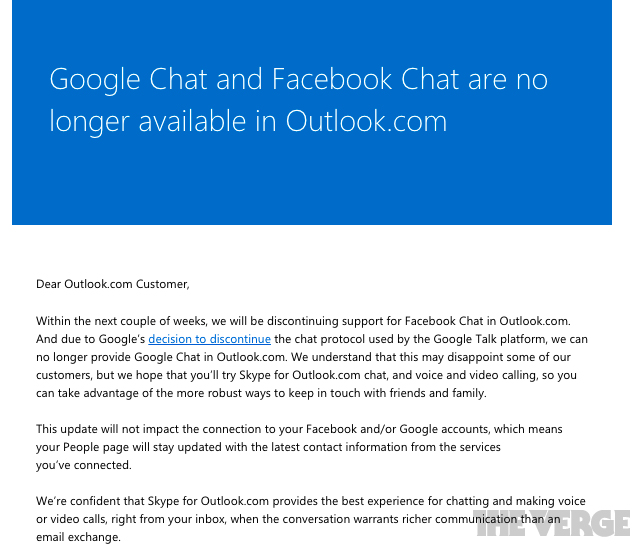 Outlook.com chat closure