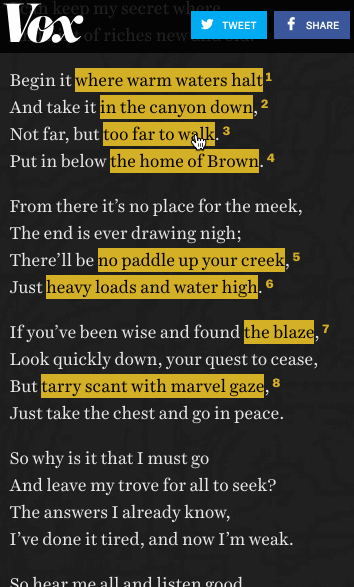 Gif showing tap navigation ability between poem clues and footnote annotations on mobile.